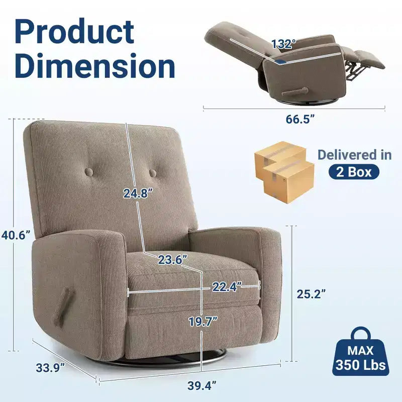 Fauteuil Inclinable Pivotant à 360° Manuel, Fauteuil Glider Rembourré avec Poches Latérales, pour Salon, Chambre, Bureau
