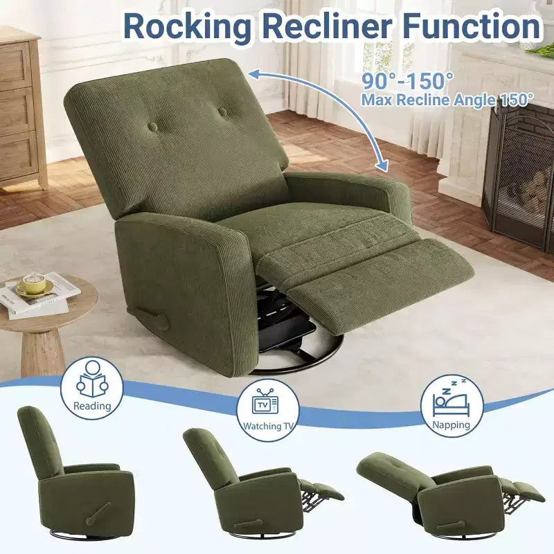 Fauteuil Inclinable Pivotant à 360° Manuel, Fauteuil Glider Rembourré avec Poches Latérales, pour Salon, Chambre, Bureau