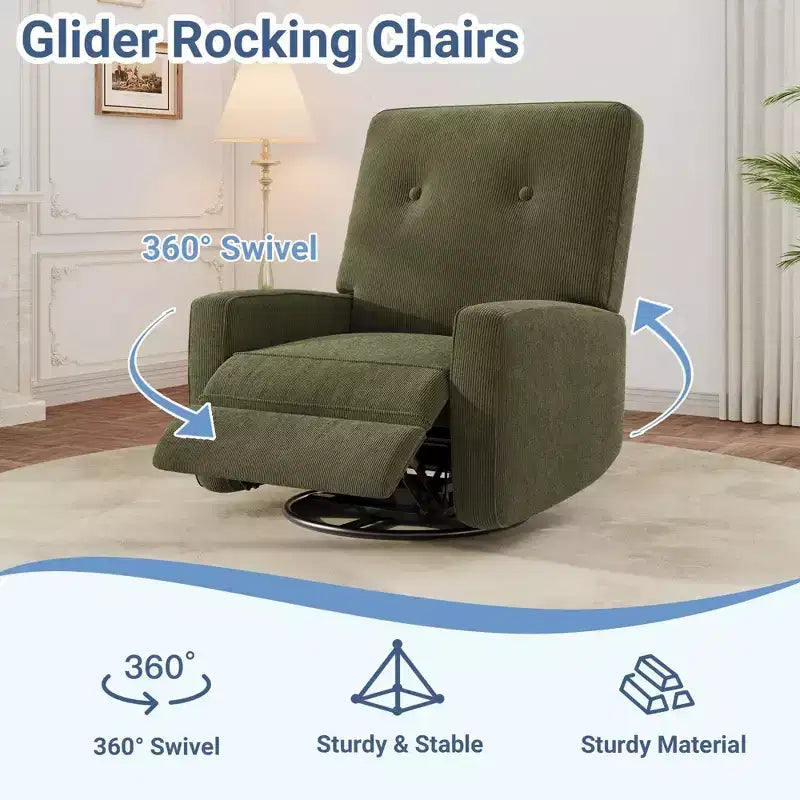 Fauteuil Inclinable Pivotant à 360° Manuel, Fauteuil Glider Rembourré avec Poches Latérales, pour Salon, Chambre, Bureau