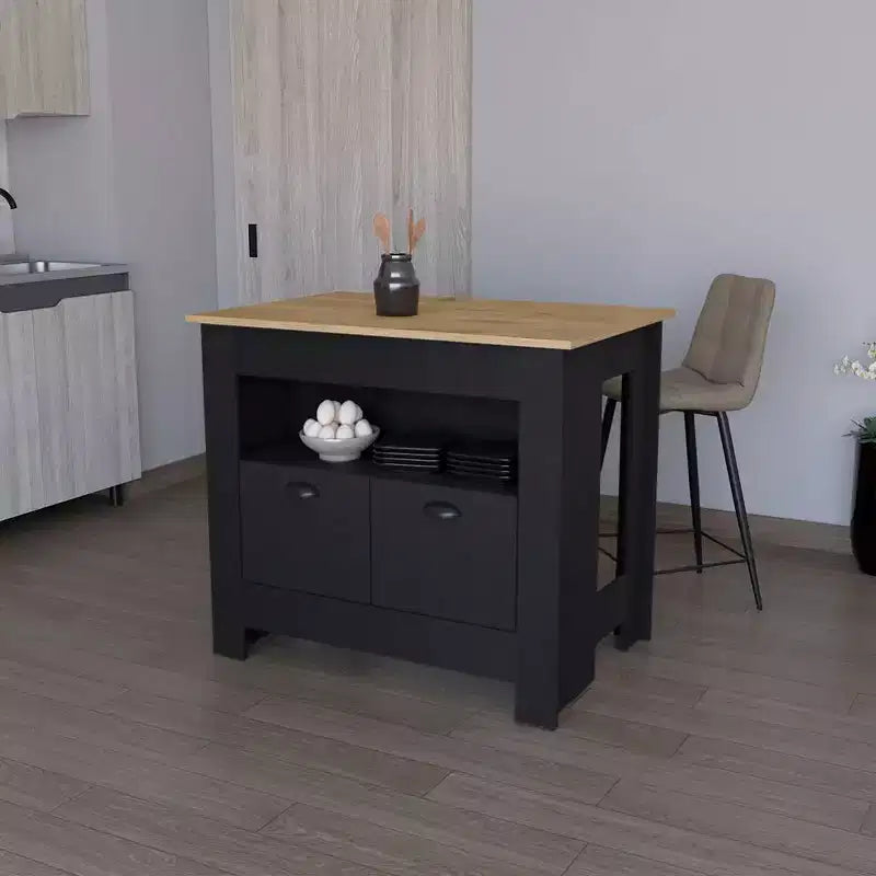 Okak Modern Kitchen Island with 2 Cabinet Doors, Countertop Organizer with 3 Storage Shelves, Kitchen Island Table for Dining Room