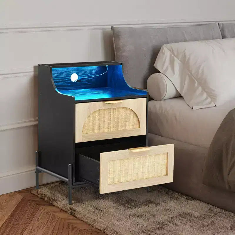 GustoWave Wood Curved-Edge Bedside Table with Light, Three-Drawer Bedroom/Living Room Accent Table, Natural Compact Nightstand