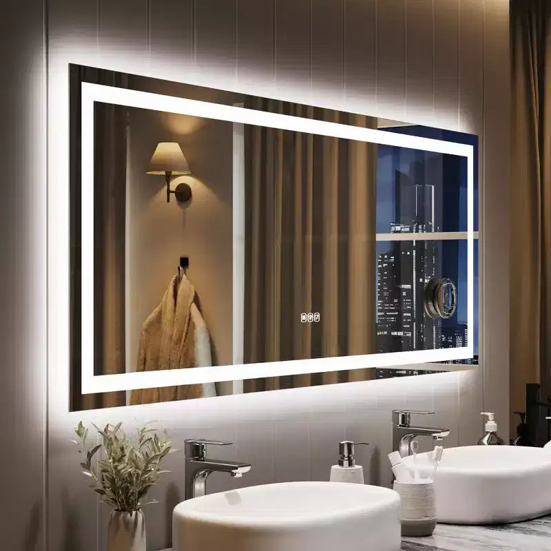 24x32 inch bathroom mirror, dimmable, dual front and rear lights, memory function, anti-fog and shatterproof, can be used horizontally or vertically.