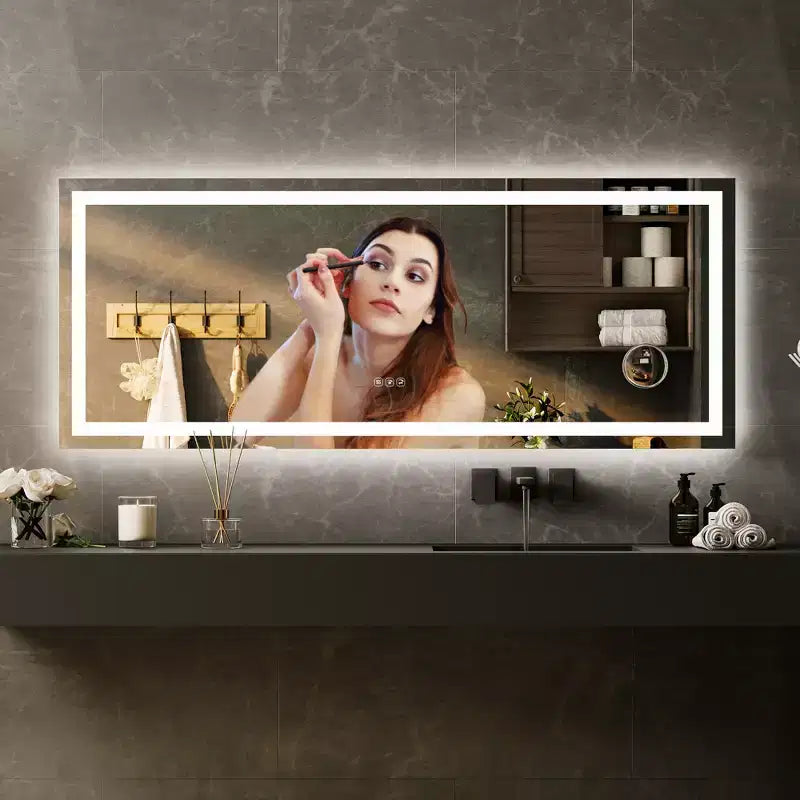 Miroir de salle de bain 24x32 pouces, dimmable, double éclairage avant et arrière, fonction mémoire, anti-buée et incassable, peut être utilisé horizontalement ou verticalement.