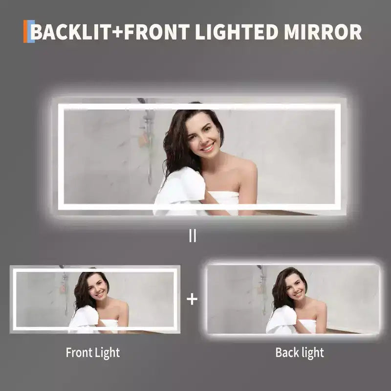 Miroir de salle de bain 24x32 pouces, dimmable, double éclairage avant et arrière, fonction mémoire, anti-buée et incassable, peut être utilisé horizontalement ou verticalement.