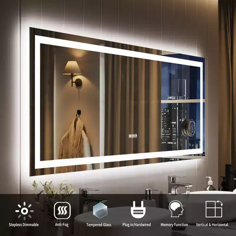 Miroir de salle de bain 24x32 pouces, dimmable, double éclairage avant et arrière, fonction mémoire, anti-buée et incassable, peut être utilisé horizontalement ou verticalement.
