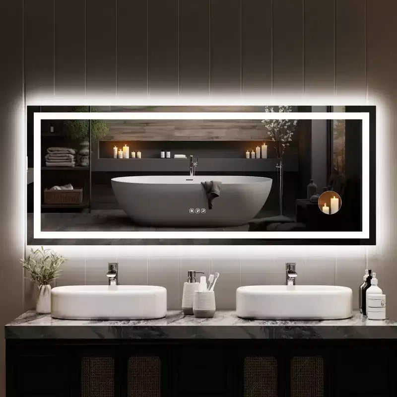 Miroir de salle de bain 24x32 pouces, dimmable, double éclairage avant et arrière, fonction mémoire, anti-buée et incassable, peut être utilisé horizontalement ou verticalement.