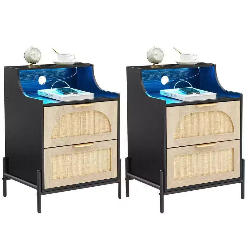 Wooden Nightstand Set of 2, Rattan Nightstand with Charging Station, USB Ports & Outlets, Modern Bedside Table with Rattan Drawer