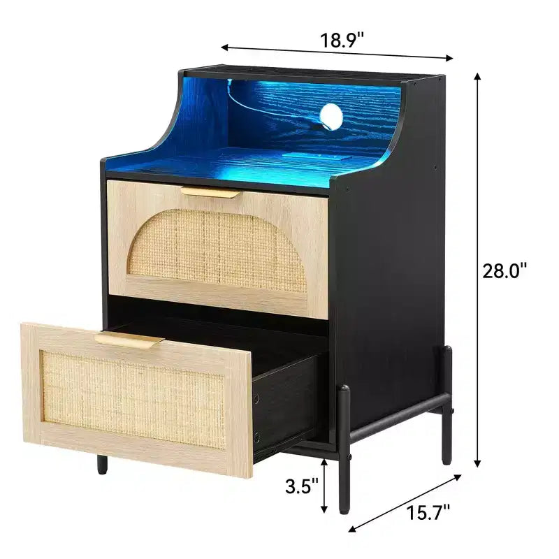Table de chevet en bois, table de chevet en rotin avec station de charge, ports USB et prises de courant, table de chevet moderne avec tiroir en rotin