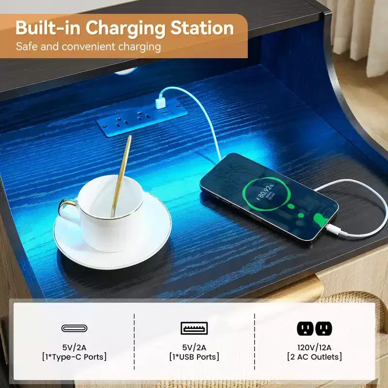 Table de chevet en bois, table de chevet en rotin avec station de charge, ports USB et prises de courant, table de chevet moderne avec tiroir en rotin
