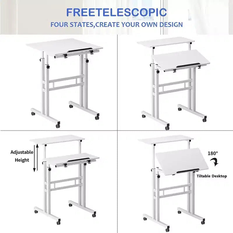 Petit bureau debout pour la maison - Table d'ordinateur mobile à hauteur réglable avec roulettes