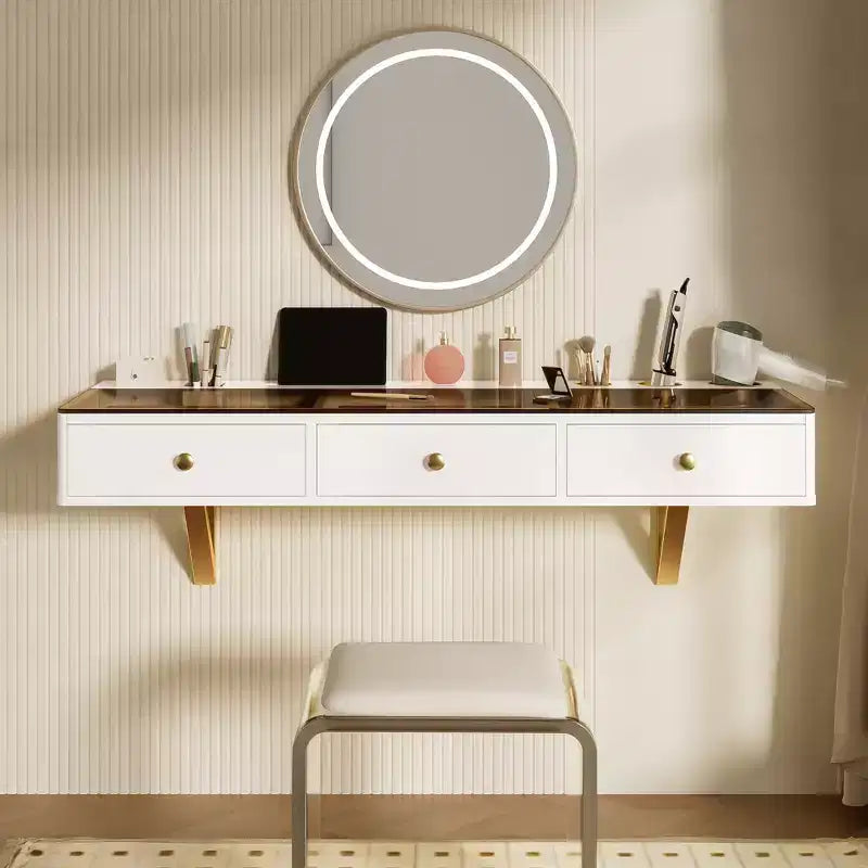 GO 47 Floating Shelf with Drawer, Multi-Purpose Wall-Mounted Vanity Table, Mounted Desk, Floating Table for Bedroom, Bathroom, White and Golden