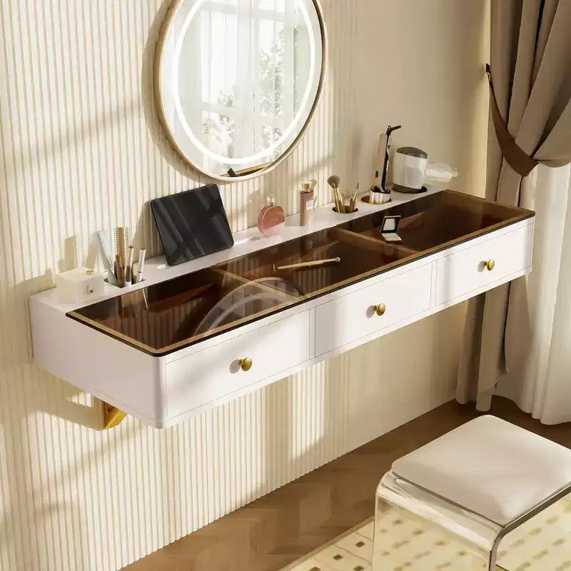 Étagère flottante avec tiroir, coiffeuse murale multifonction, bureau mural, table flottante pour chambre à coucher, salle de bain, blanc et doré