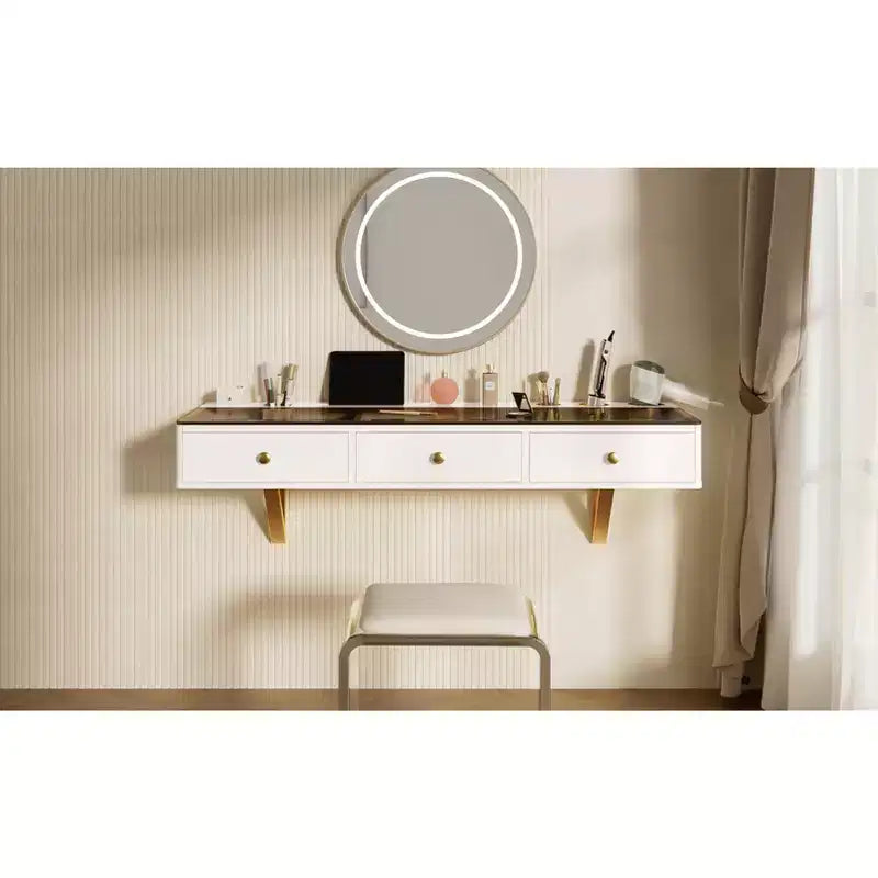 Étagère flottante avec tiroir, coiffeuse murale multifonction, bureau mural, table flottante pour chambre à coucher, salle de bain, blanc et doré
