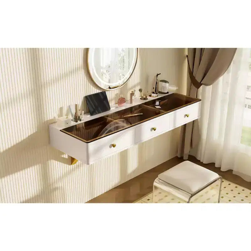 Étagère flottante avec tiroir, coiffeuse murale multifonction, bureau mural, table flottante pour chambre à coucher, salle de bain, blanc et doré
