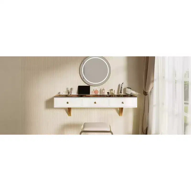 Étagère flottante avec tiroir, coiffeuse murale multifonction, bureau mural, table flottante pour chambre à coucher, salle de bain, blanc et doré