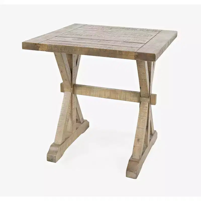 Table d'appoint en bois massif, style rustique moderne, finition vieillie avec piètement tréteau