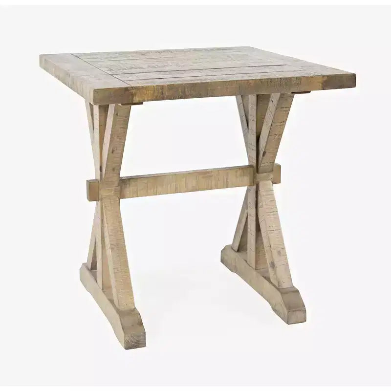 Table d'appoint en bois massif, style rustique moderne, finition vieillie avec piètement tréteau