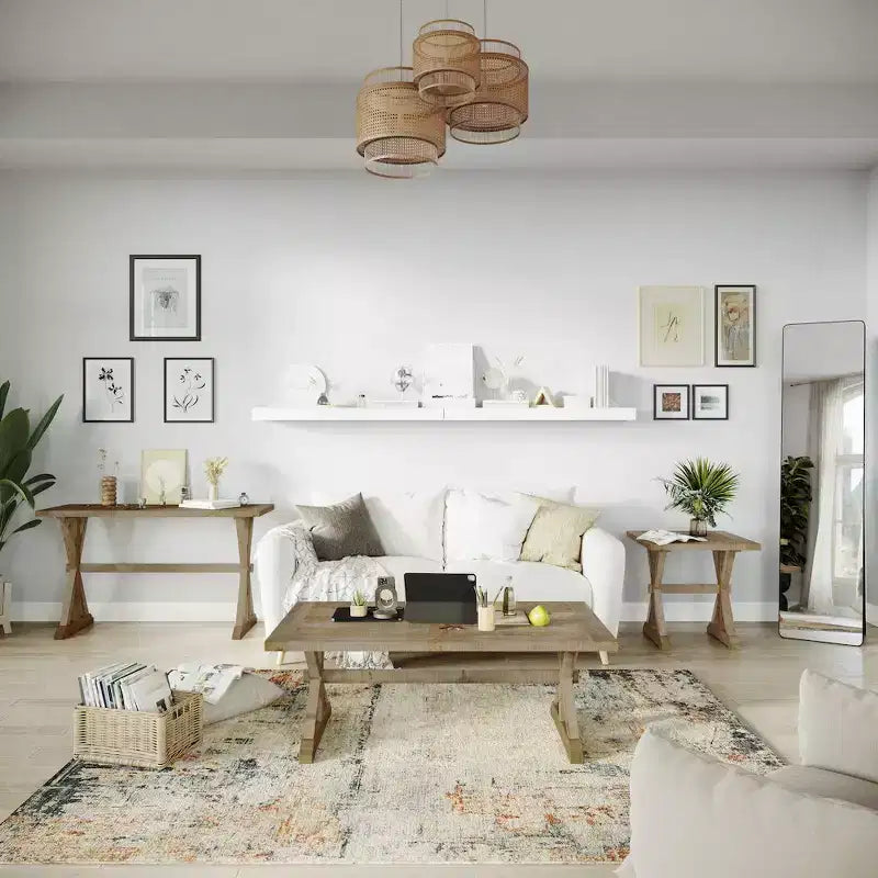 Table d'appoint en bois massif, style rustique moderne, finition vieillie avec piètement tréteau