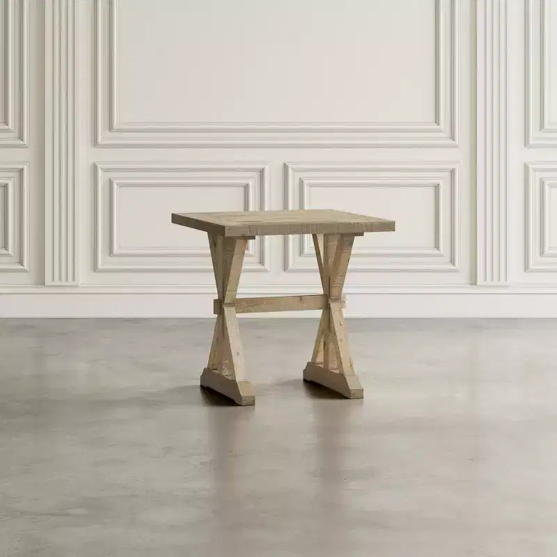 Table d'appoint en bois massif, style rustique moderne, finition vieillie avec piètement tréteau