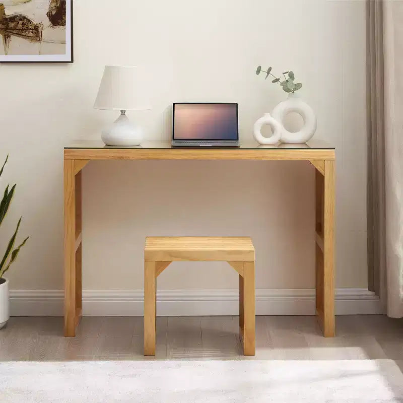 GDFStudio Hux Farmhouse Natural Pine Dining Bench and Table Set with Tempered Glass Top