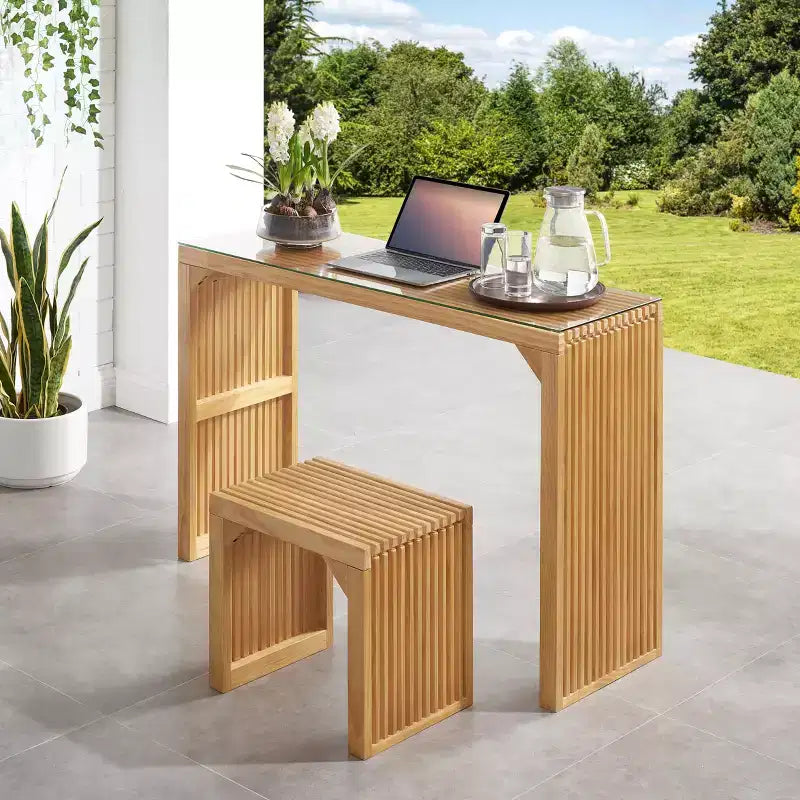 Banc et table de salle à manger en pin naturel de style rustique avec plateau en verre trempé