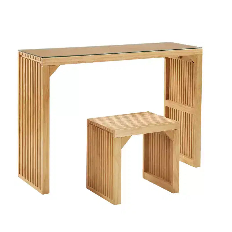 Banc et table de salle à manger en pin naturel de style rustique avec plateau en verre trempé
