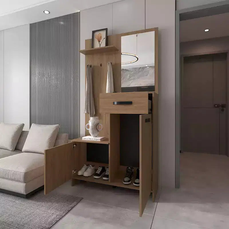 Porte-manteau d'entrée moderne avec 3 patères et miroir, porte-manteau autoportant avec grand rangement, pour salon, chambre à coucher, chêne clair