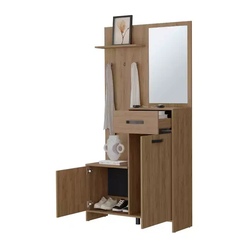 Porte-manteau d'entrée moderne avec 3 patères et miroir, porte-manteau autoportant avec grand rangement, pour salon, chambre à coucher, chêne clair