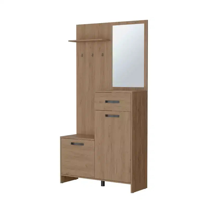 Porte-manteau d'entrée moderne avec 3 patères et miroir, porte-manteau autoportant avec grand rangement, pour salon, chambre à coucher, chêne clair