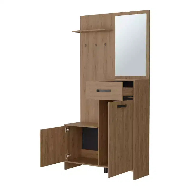 Porte-manteau d'entrée moderne avec 3 patères et miroir, porte-manteau autoportant avec grand rangement, pour salon, chambre à coucher, chêne clair