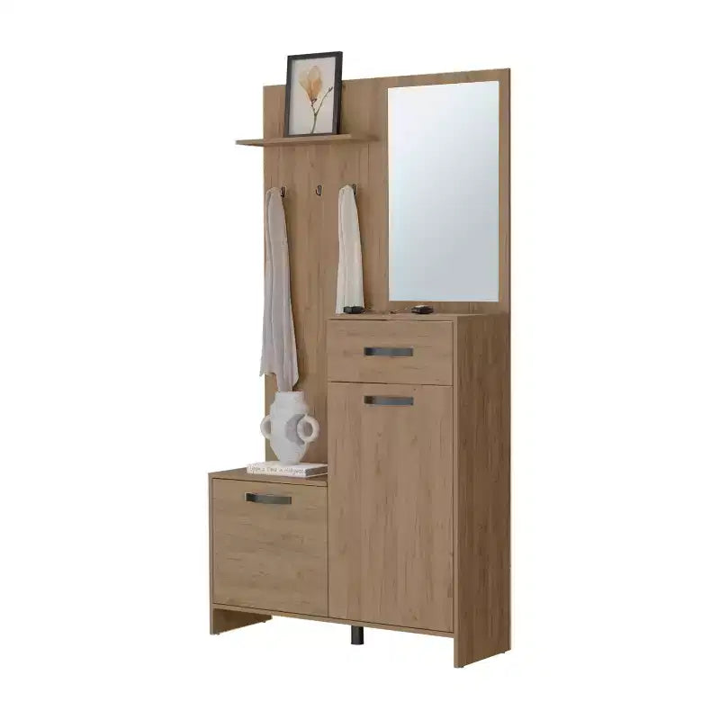Porte-manteau d'entrée moderne avec 3 patères et miroir, porte-manteau autoportant avec grand rangement, pour salon, chambre à coucher, chêne clair