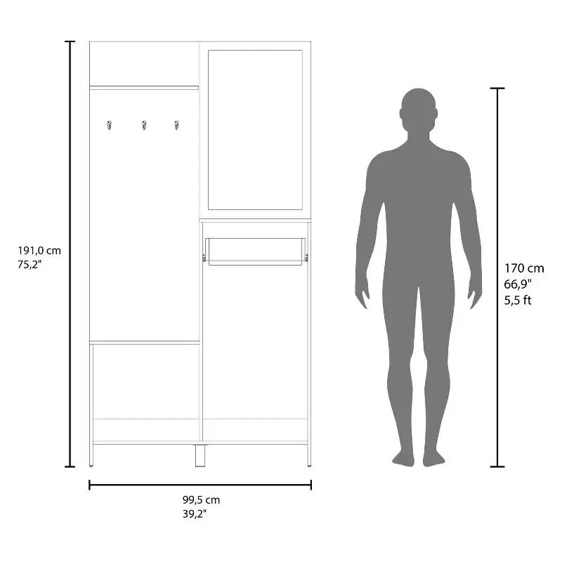 Porte-manteau d'entrée moderne avec 3 patères et miroir, porte-manteau autoportant avec grand rangement, pour salon, chambre à coucher, chêne clair