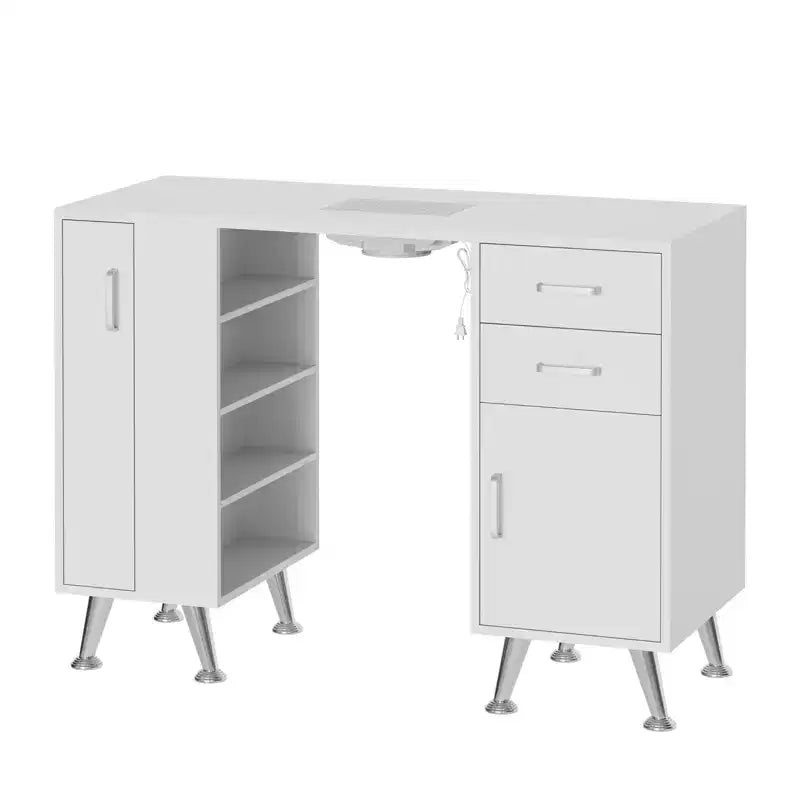 Manicure table with electric vacuum, dust bag, and wrist rest pad, featuring drawers and storage cabinets, suitable for hallways and entryways.