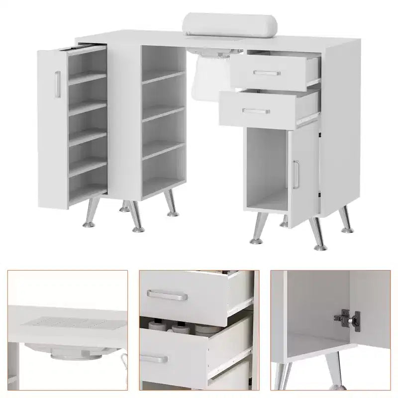 Table de manucure avec aspirateur électrique, sac à poussière et repose-poignet, avec tiroirs et armoires de rangement, adaptée aux couloirs et aux entrées.