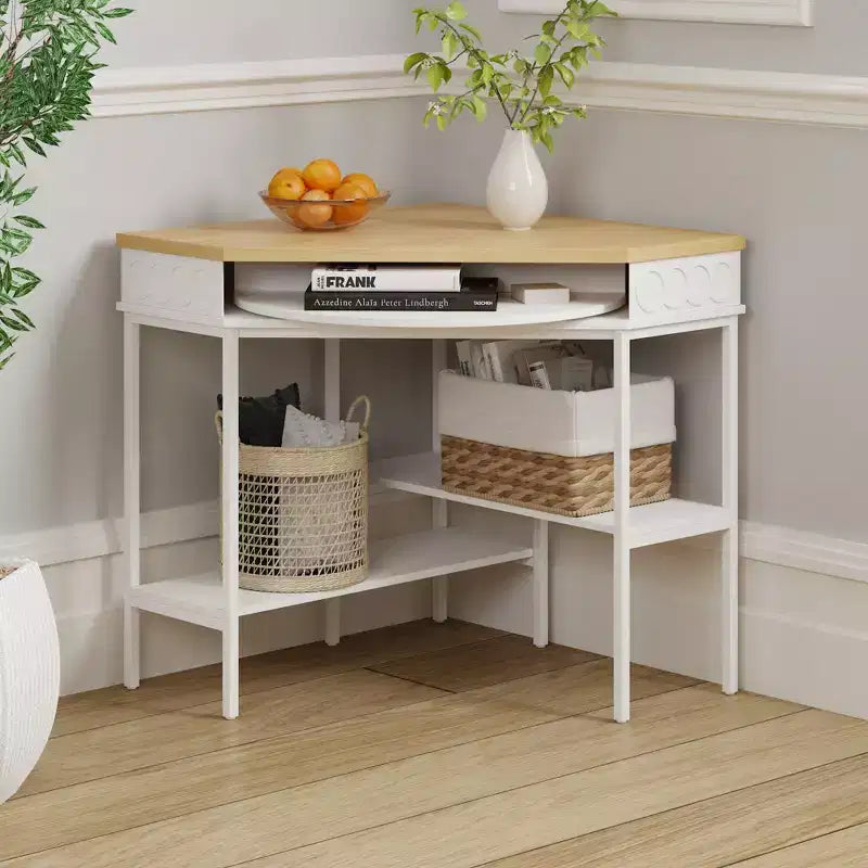 Famapy White & Oak Rotating Corner Side Table  Curved Drawer + Open Shelves