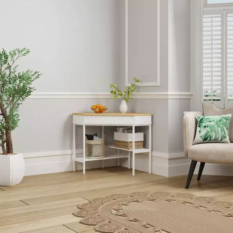 Table d'appoint d'angle rotative blanche et chêne Tiroir incurvé + Étagères ouvertes