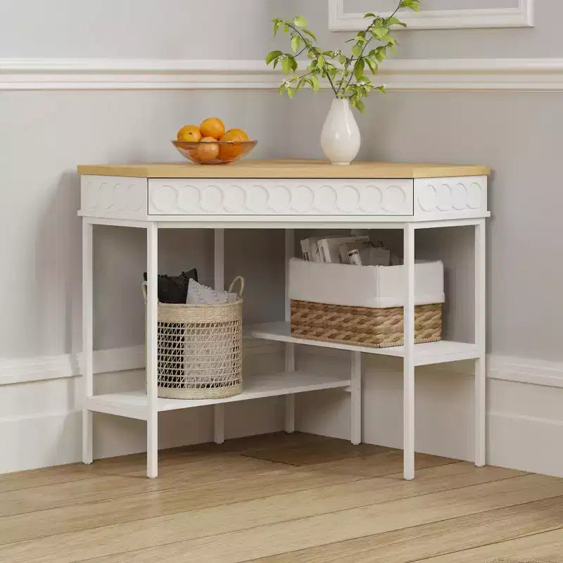 Table d'appoint d'angle rotative blanche et chêne Tiroir incurvé + Étagères ouvertes