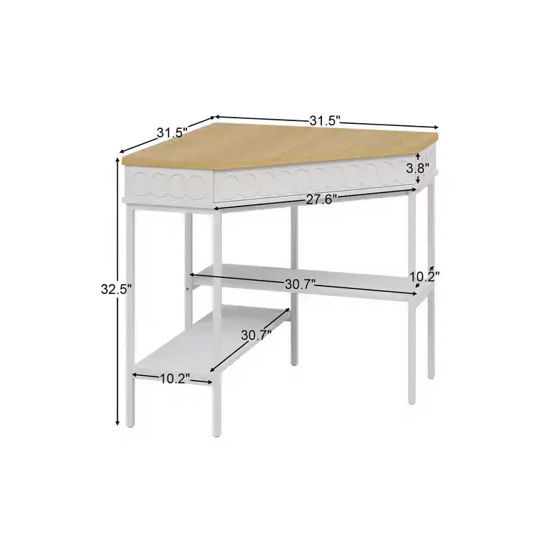 Table d'appoint d'angle rotative blanche et chêne Tiroir incurvé + Étagères ouvertes