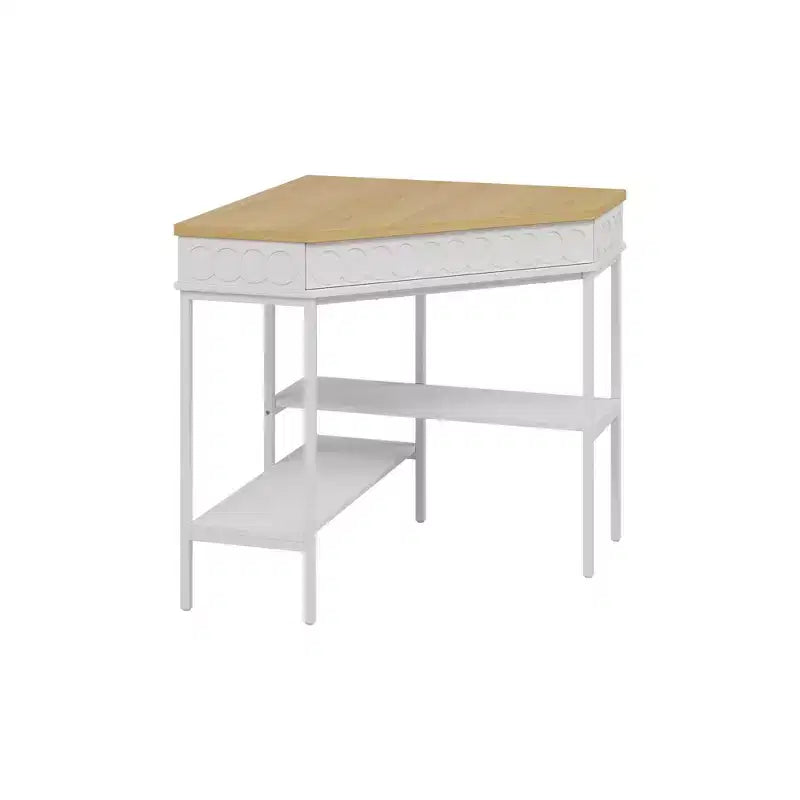 Table d'appoint d'angle rotative blanche et chêne Tiroir incurvé + Étagères ouvertes