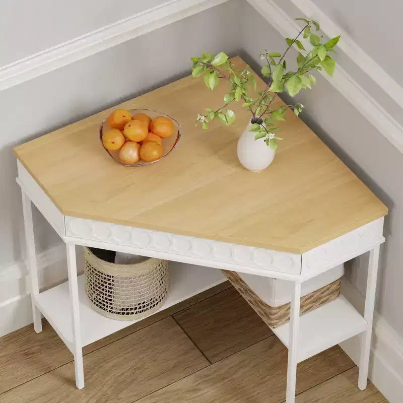 Table d'appoint d'angle rotative blanche et chêne Tiroir incurvé + Étagères ouvertes