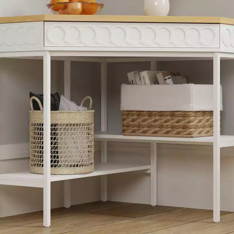 Table d'appoint d'angle rotative blanche et chêne Tiroir incurvé + Étagères ouvertes
