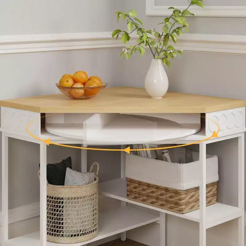 Table d'appoint d'angle rotative blanche et chêne Tiroir incurvé + Étagères ouvertes