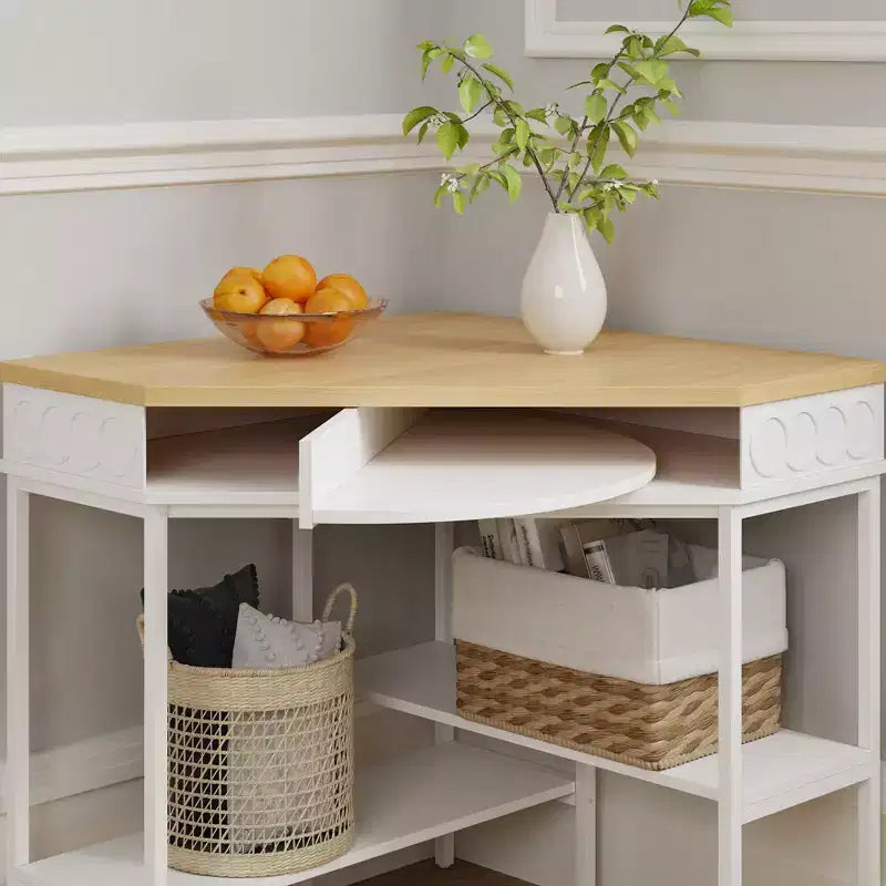 Table d'appoint d'angle rotative blanche et chêne Tiroir incurvé + Étagères ouvertes