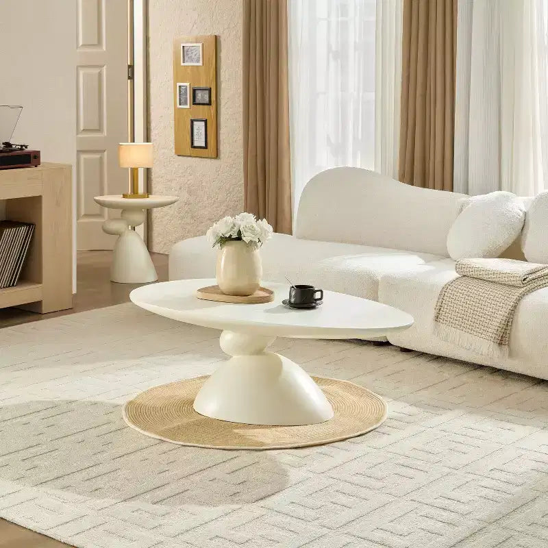 47 Lucky Stone Oval Fiberglass Coffee Table Sculptural Base Milk White