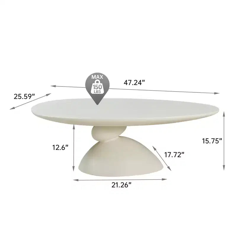 47 Table basse ovale en fibre de verre Lucky Stone avec base sculpturale blanc laiteux