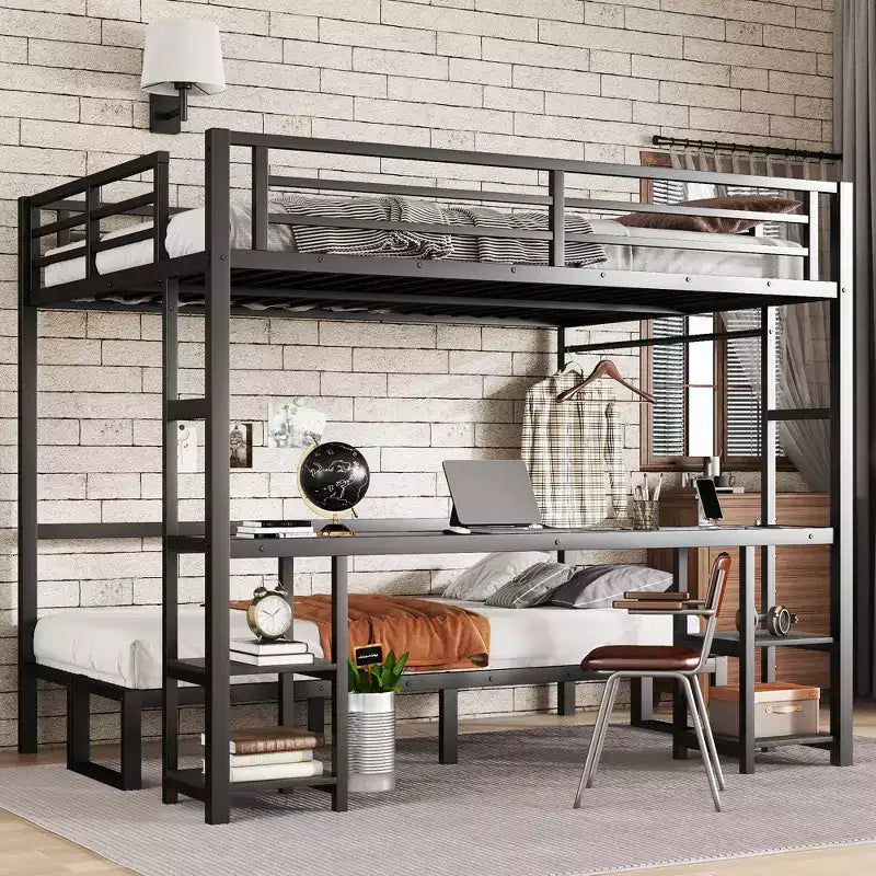 Bellemave Queen Over Twin XL Metal Bunk Bed/Loft Bed with Desk and Shelves,Metal Bunk Bed Frame with LED and USB,Multiple Uses Folds into Sofa, Black