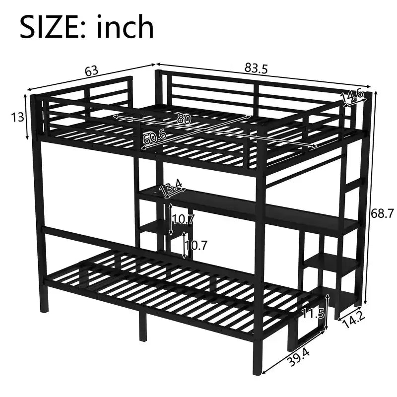 Lit superposé/mezzanine Queen sur Twin XL en métal avec bureau et étagères, cadre de lit superposé en métal avec LED et USB, utilisations multiples se plie en canapé, noir