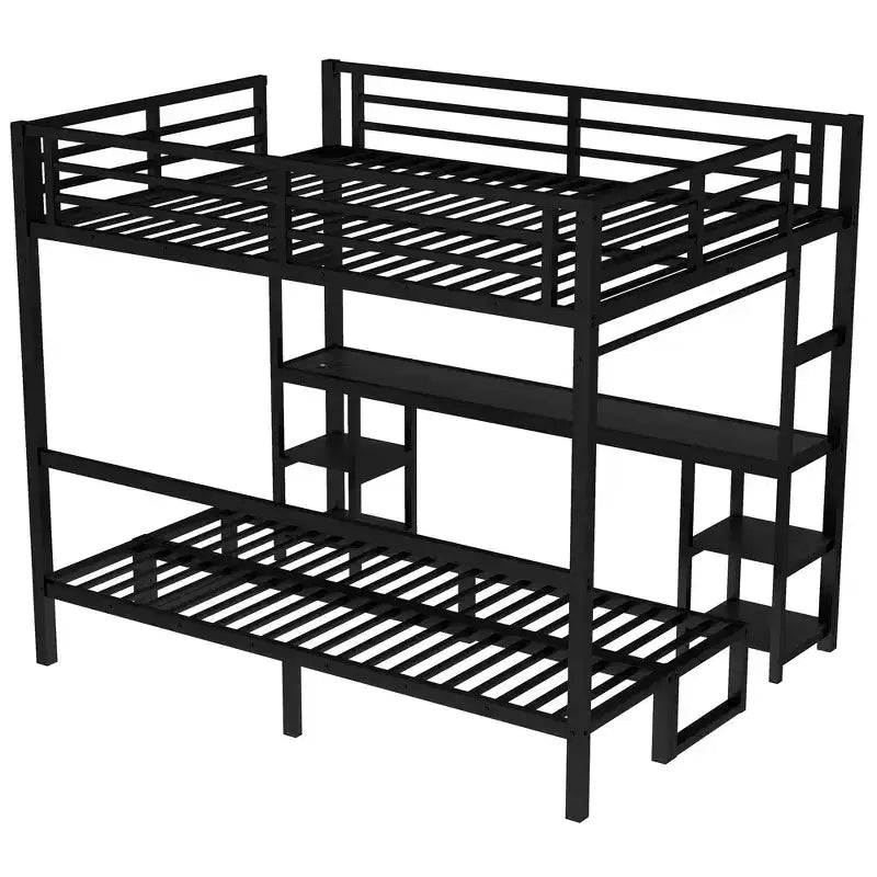 Lit superposé/mezzanine Queen sur Twin XL en métal avec bureau et étagères, cadre de lit superposé en métal avec LED et USB, utilisations multiples se plie en canapé, noir