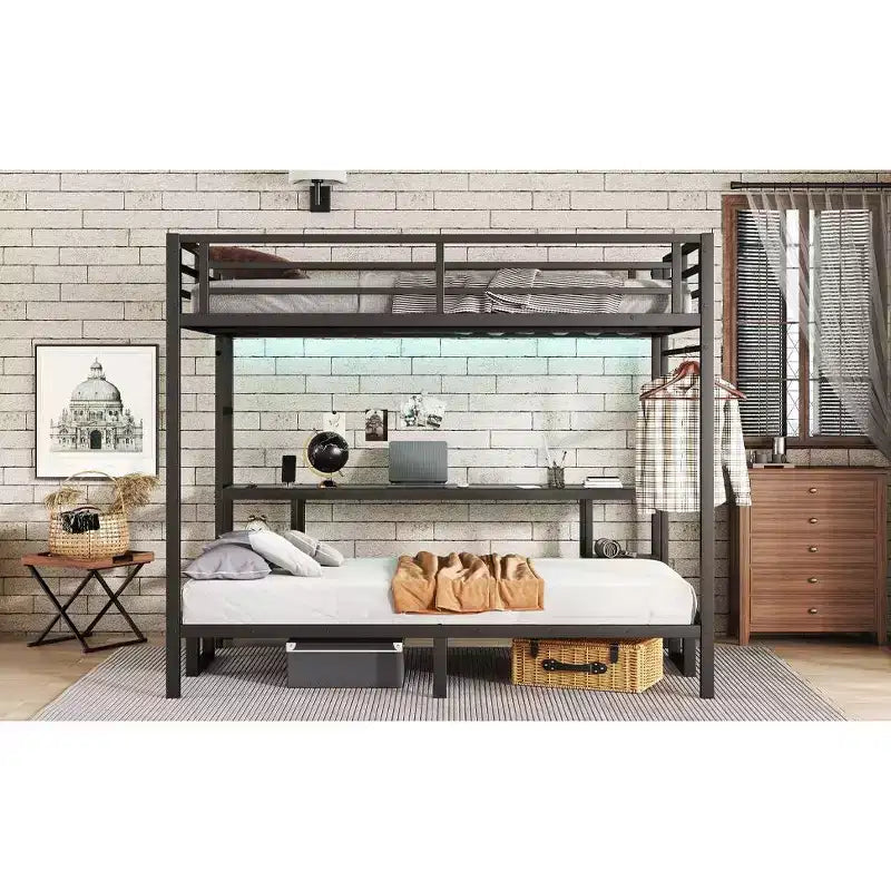 Lit superposé/mezzanine Queen sur Twin XL en métal avec bureau et étagères, cadre de lit superposé en métal avec LED et USB, utilisations multiples se plie en canapé, noir