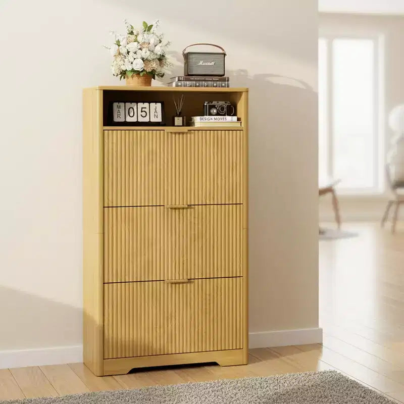 Homy Casa 3-Tier Modern Shoe Cabinet with Flip-Down Doors and Open Shelf